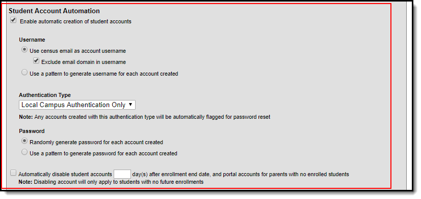 Screenshot of the Student Account Automation section of the tool