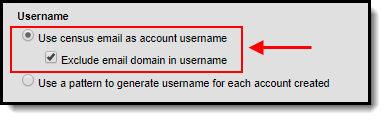 Screenshot of the Use Census Email as Account username and exclude email domain in username options within the student account automation section of the tool