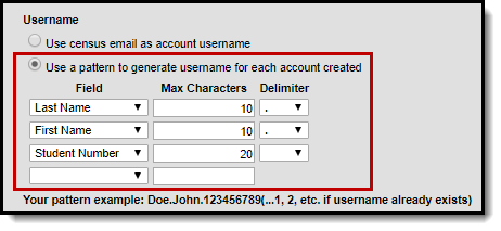 Screenshot of the use a pattern to generate username for each account created preference within the Username area of the student account automation section of the tool