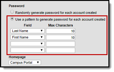 Screenshot of the use a pattern to generate password for each account created preference