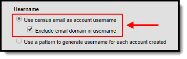 Screenshot of the use census email as account username and exclude email domain in username preferences