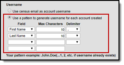 Screenshot of the user a pattern to generate username for each account created preference