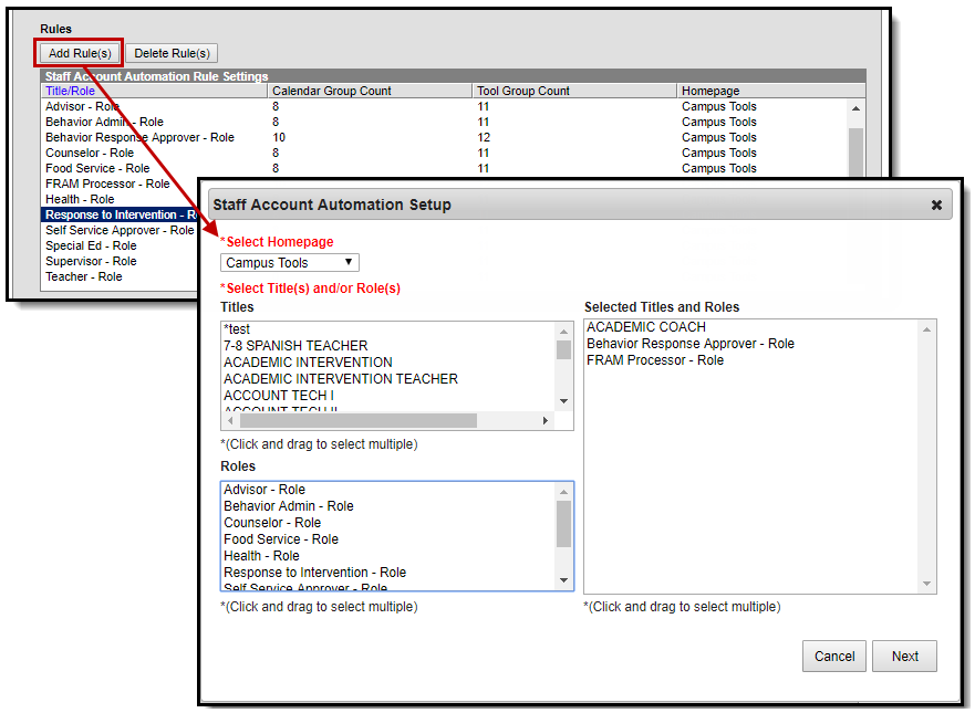 Screenshot of the Add Rule button being pressed which causes the Staff Account Automation Setup screen to appear where users can define rule properties