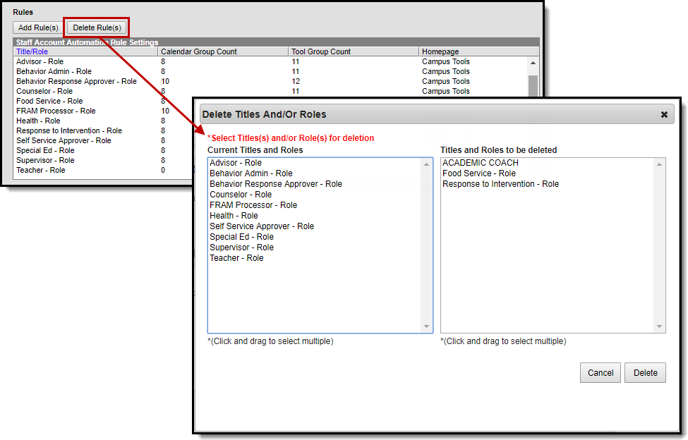 Screenshot of the Delete Rules button being selected which causes the Delete Titles and or Roles editor to appear where users can select which titles and or roles should be deleted