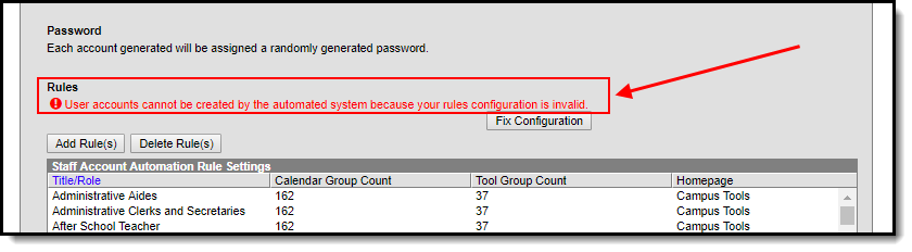 Screenshot of the invalid configuration error appearing in the tool