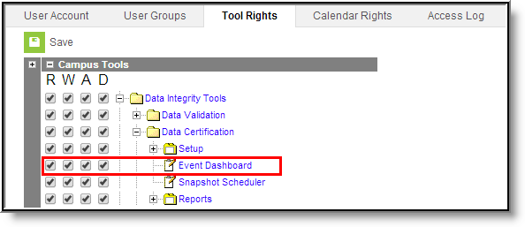 Screenshot of Event Dashboard Tool Rights