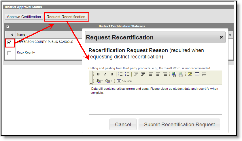 Screenshot of Requesting Recertification