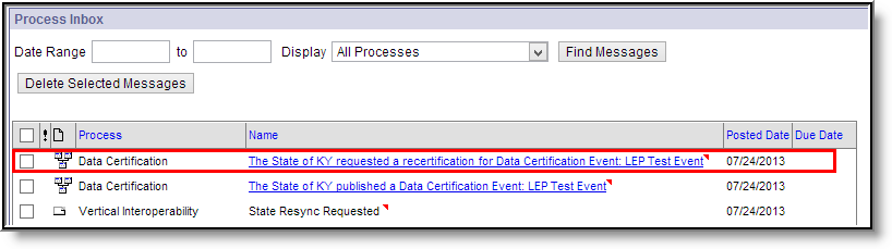 Screenshot of Process Inbox Message at the District-Level Indicating the Recertification Request