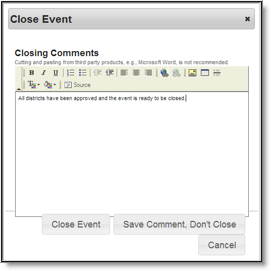 Screenshot of Entering Closing Comments