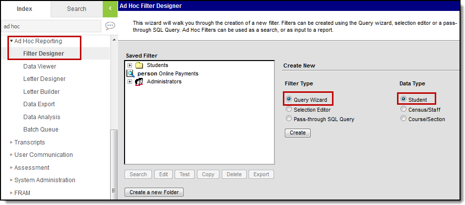 Screenshot of the Filter Designer where Query Wizard and Student options are selected.
