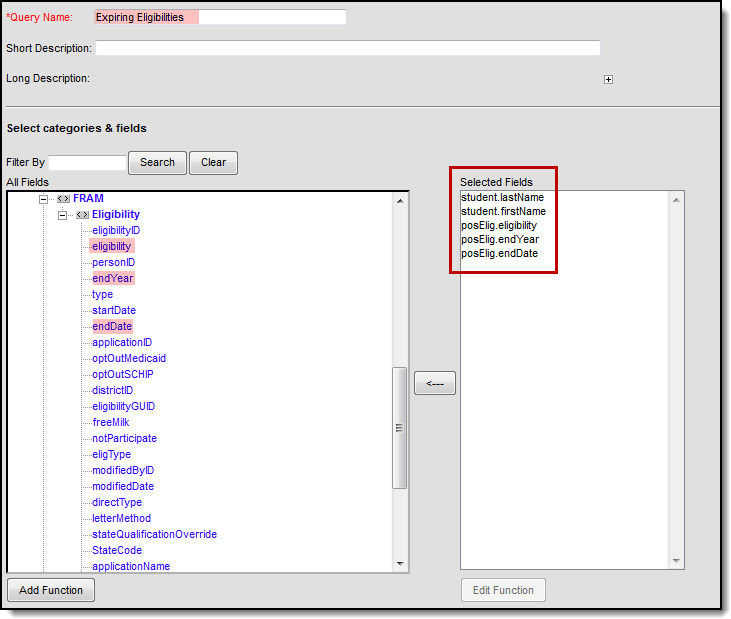 Screenshot where the Query Name is entered and five fields selected from Demographics and FRAM are highlighted.