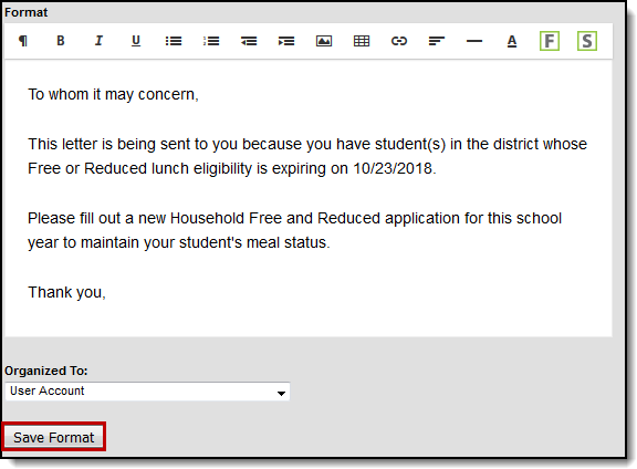 Screenshot of the letter format. The Save Format button is highlighted.