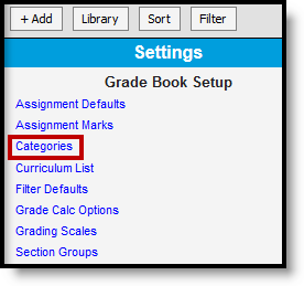Screenshot highlighting the categories tool in Grade Book Settings. 
