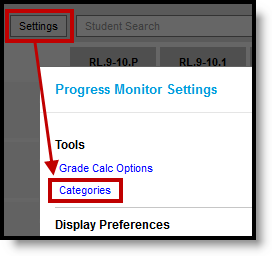 Screenshot highlighting the categories tool in the Progress Monitor settings. 