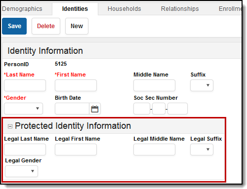 Screenshot of the spring census editor highlighting the protected identity information field.