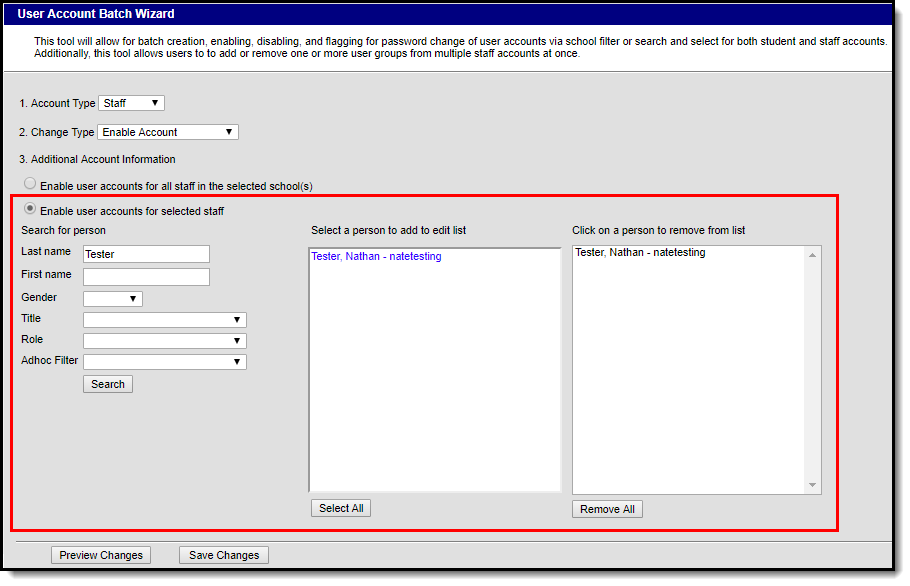 screenshot of the enable user accounts for selected staff options