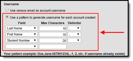 screenshot of the pattern for username options highlighted