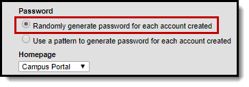 screenshot of the randomly generate password for each account created option highlighted