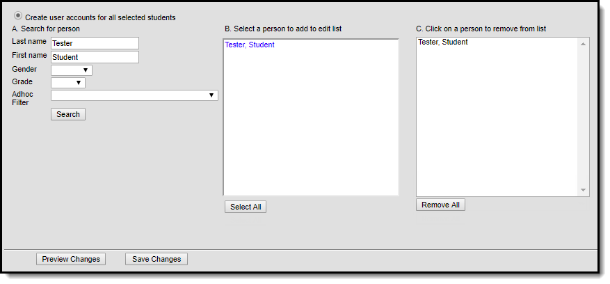 screenshot of locating specific students to create a user account