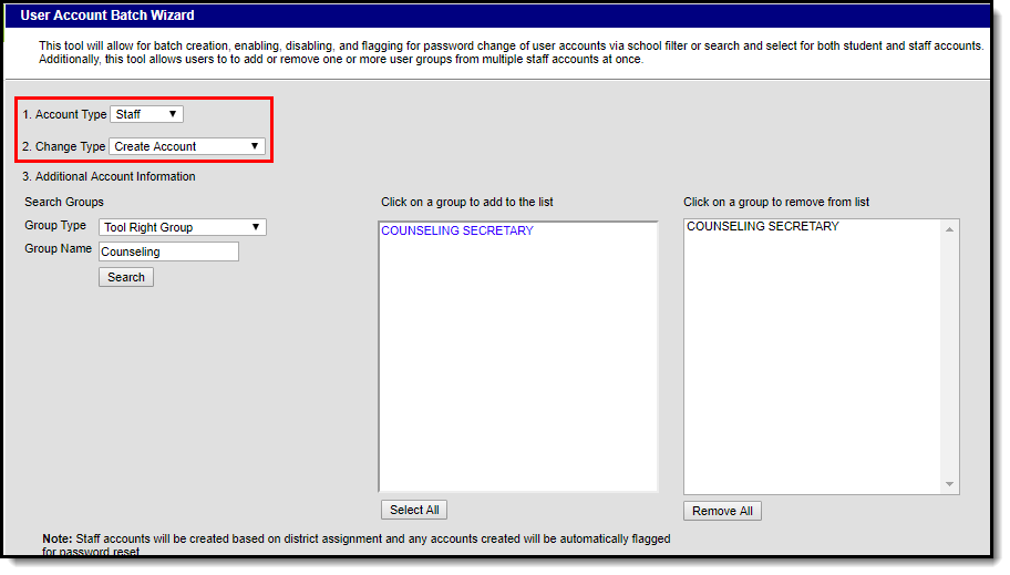screenshot of the staff and create account options selected