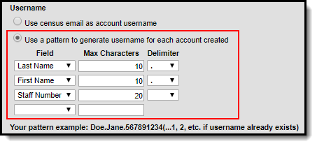screenshot of the use pattern to generate username options entered
