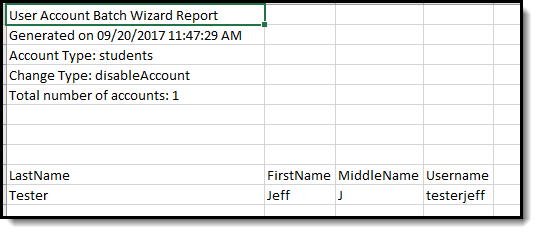 screenshot of the csv report detailing which accounts were disabled