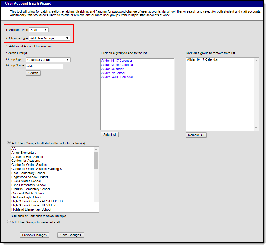 screenshot of the staff and add user groups options selected