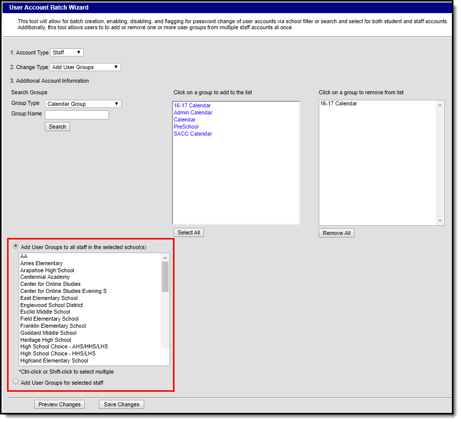 screenshot of selecting user groups to add to staff members