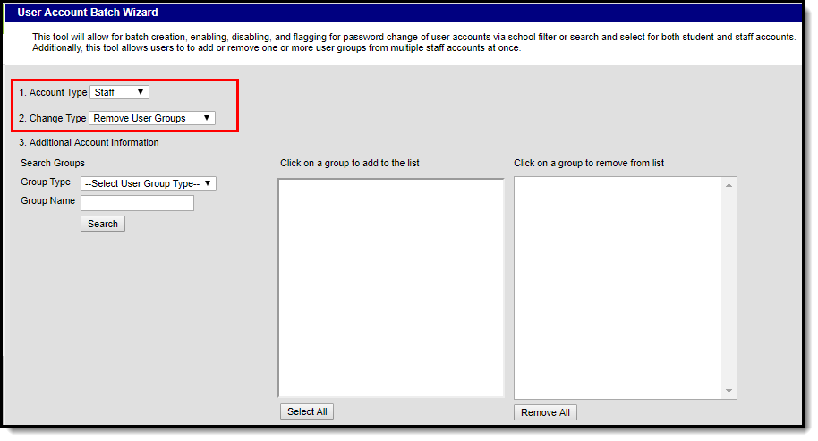 screenshot of the staff and remove user group options selected