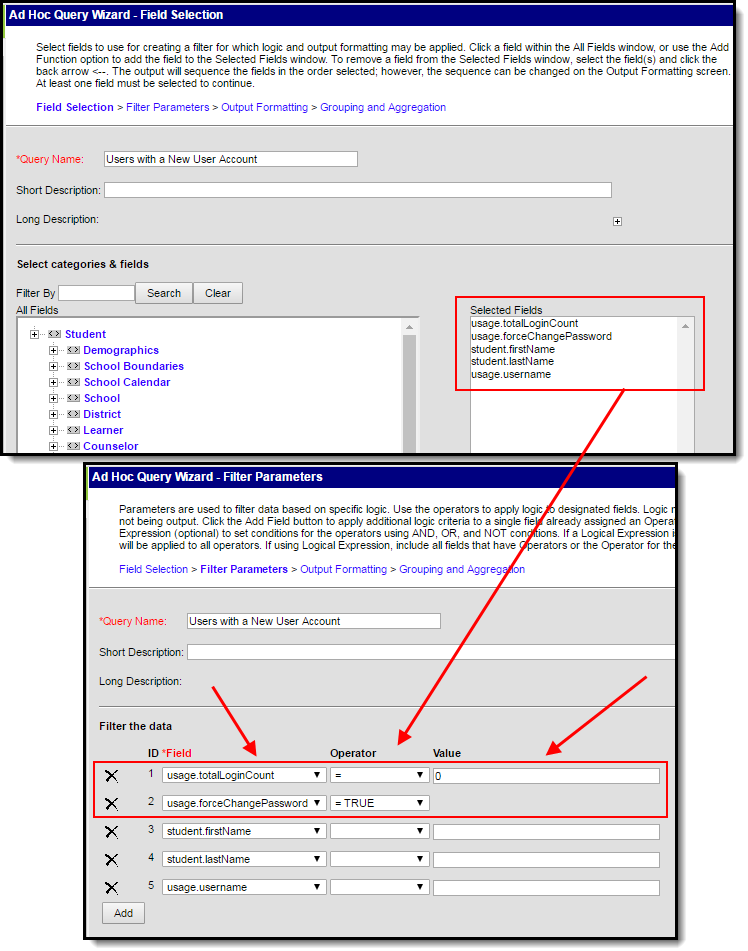 screenshot of the account management fields selected in Ad hoc