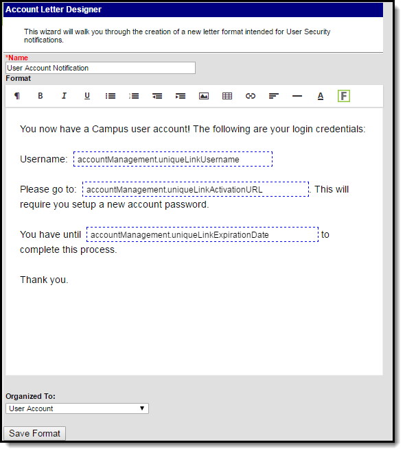 screenshot of the letter designer with a letter example shown