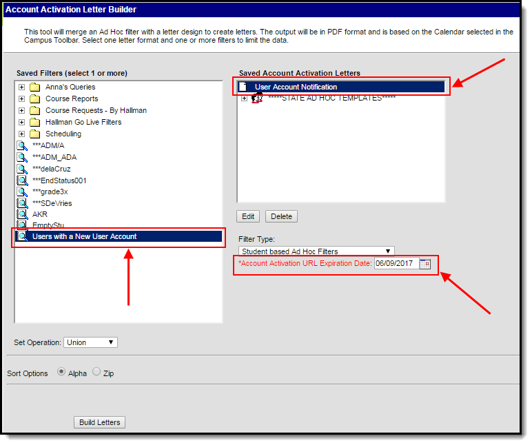 screenshot of setting an account activation expiration date on the ad hoc filter