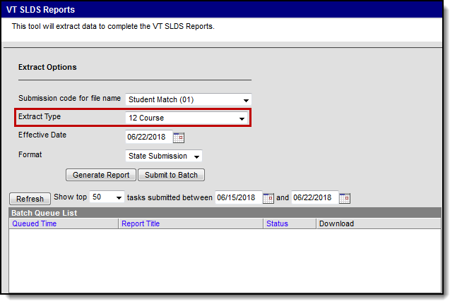Screenshot of SLDS tool with extract type highlighted.