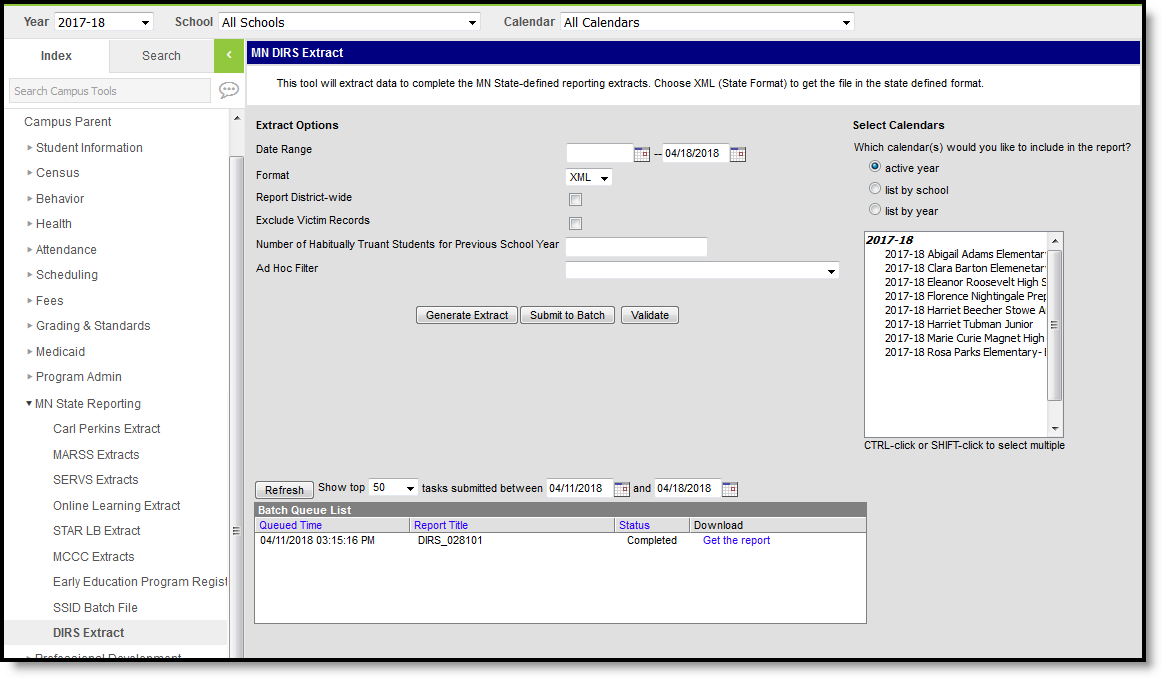 Screenshot of the The DIRS extract reports behavior data.