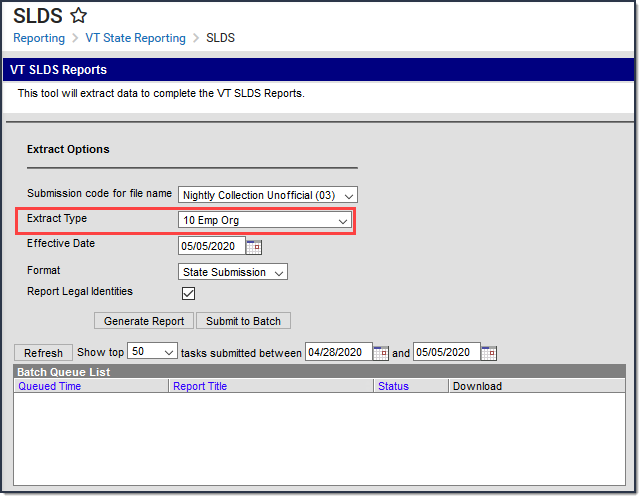 Screenshot of SLDS report tool with extract type Emp Org selected.
