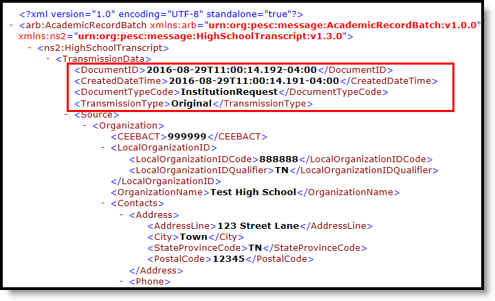 Screenshot of the PESC XML eTranscript where the Header Information is highlighted.