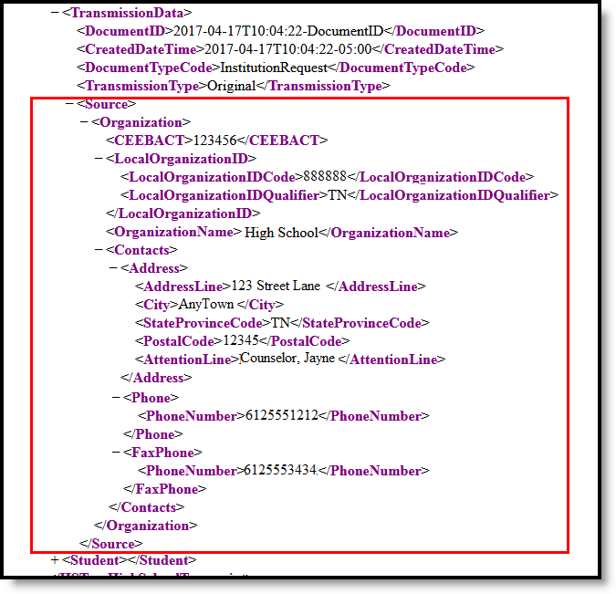 Screenshot of the PESC XML eTranscript where the Source Information is highlighted.