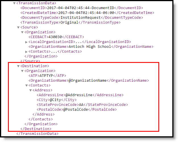 Screenshot of the PESC XML eTranscript where the Destination Information is highlighted.