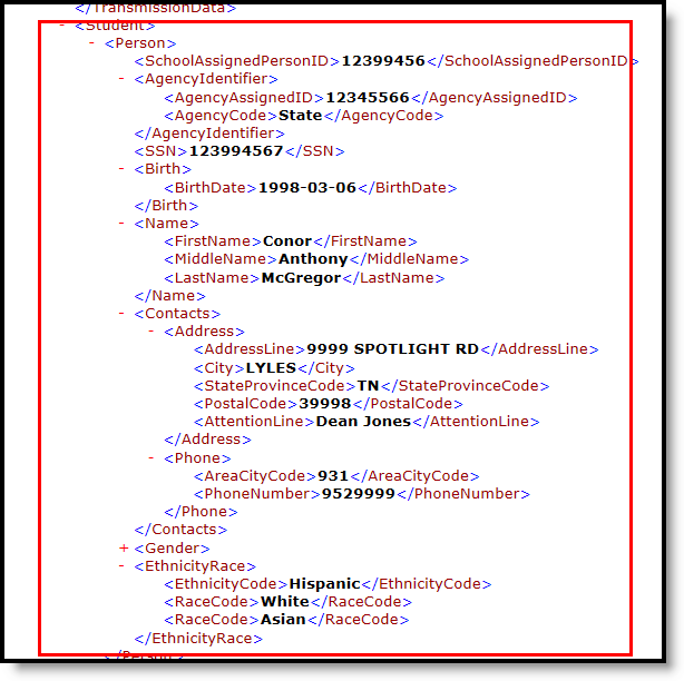 Screenshot of the PESC XML eTranscript where the Student Information is highlighted.