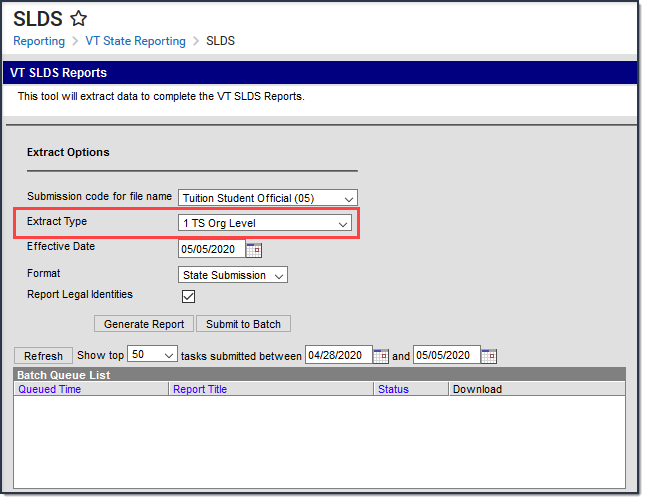 Screenshot of SLDS tool with extract type selected.