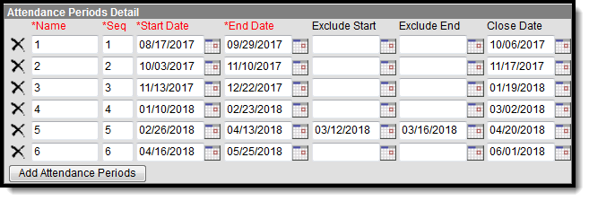 Screenshot of the Attendance Periods Detail Editor.
