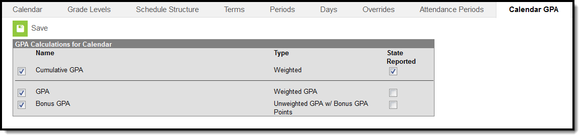 Screenshot of the GPA Calculations for Calendar Editor.