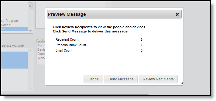 Screenshot of the Preview Message with the Review Recipients and Send Message buttons.
