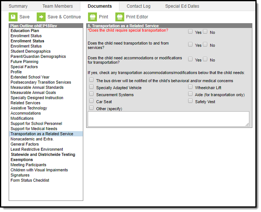 Screenshot of the Transportation as a related service editor.