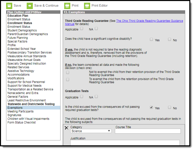 Screenshot of the exemptions editor.