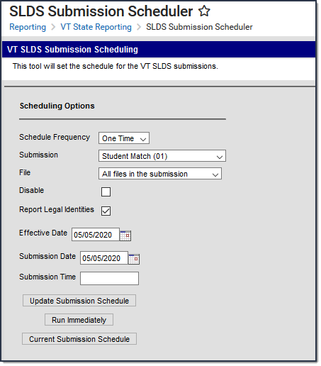Screenshot of the SLDS Submission Scheduler extract editor.  