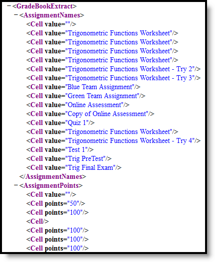 Screenshot of an example of the Grade Book Export in XML format. 