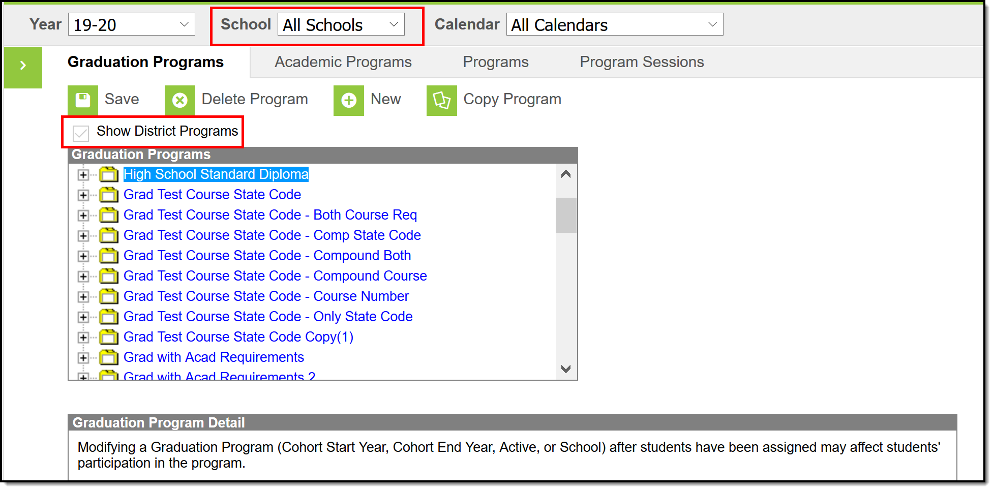 Screenshot of Graduation Programs tool and option to show district programs.