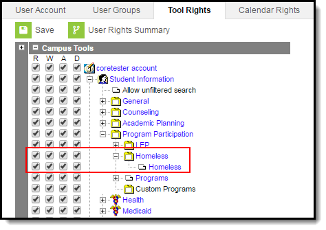 Screenshot of the Tool Rights tool, highlighting the Homeless rights.