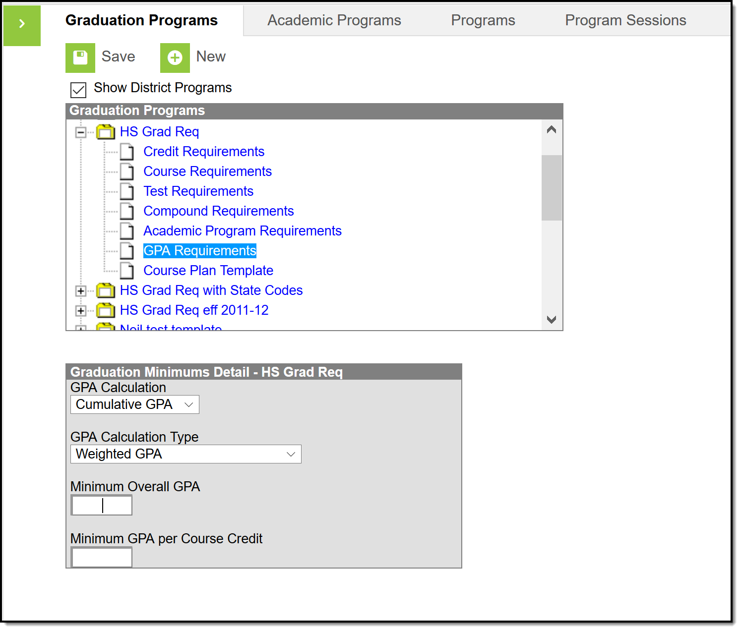 Screenshot of the GPA Requirements tool. 